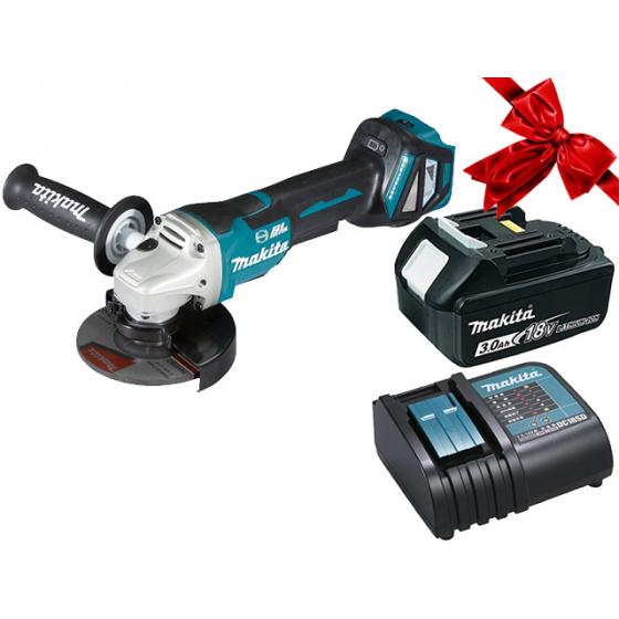 Аккум. углошлифмашина MAKITA DGA 518 ZU в кор. + АКЦИЯ (BL1830B + DC18RC) (18.0 В, 1 акк., 3.0 А/ч, Li-Ion, диск 125х22.0 мм, вибро)