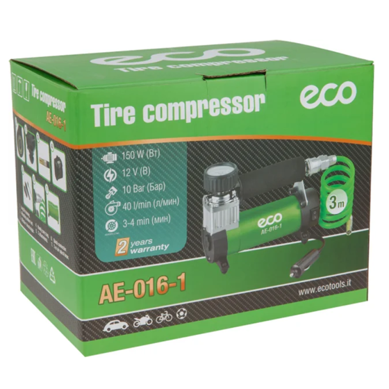 Компрессор автомобильный ECO AE-016-1 (12 В, 150 Вт, 40 л/мин, 10 бар (манометр 7 бар), съемный спир. шланг, сумка)