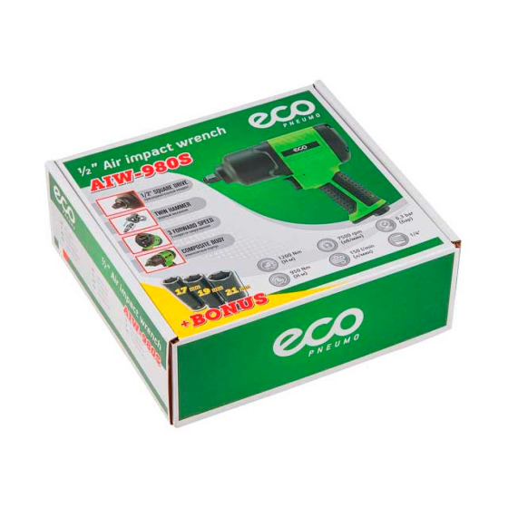 Пневмогайковерт 1/2" ECO AIW-980S (950/1200 Нм (закр./откр.); 3 ступени крут.мом.; twin hammer; 7500 об/мин; композитн. корпус)